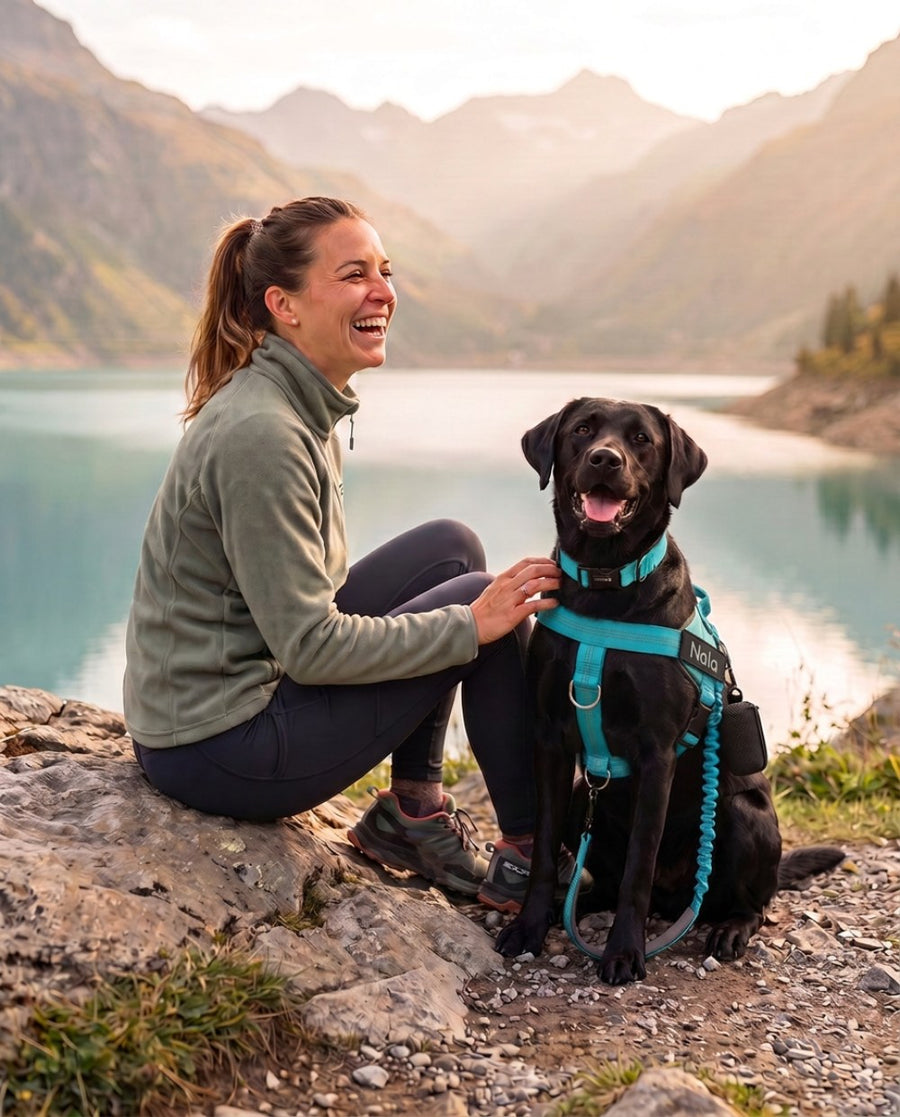 Une femme assise au bord d'un lac de montagne avec son labrador qui porte le kit PIPPO