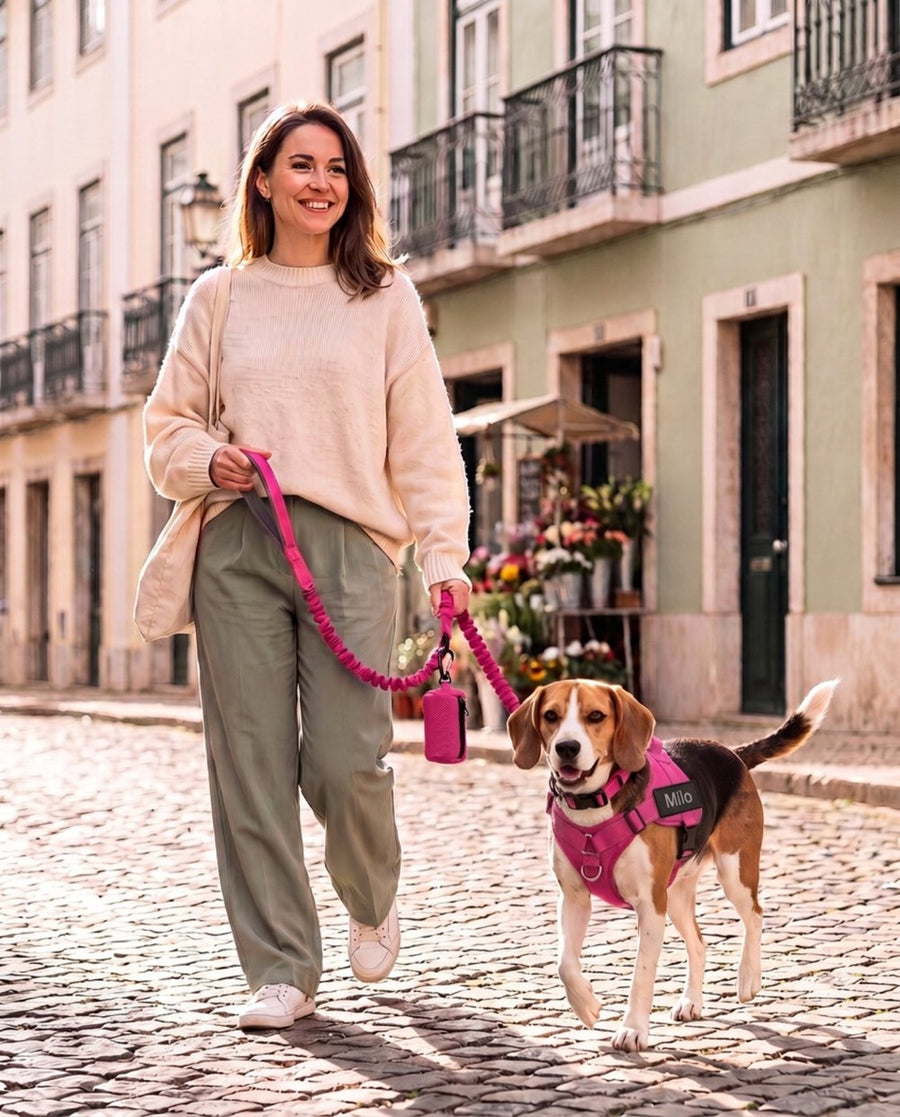 Une femme marche dans une rue pavée avec son beagle qui porte le kit PIPPO